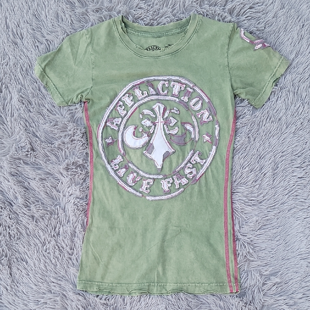 Vintage Affliction Green and Pink Short Sleeve Tee